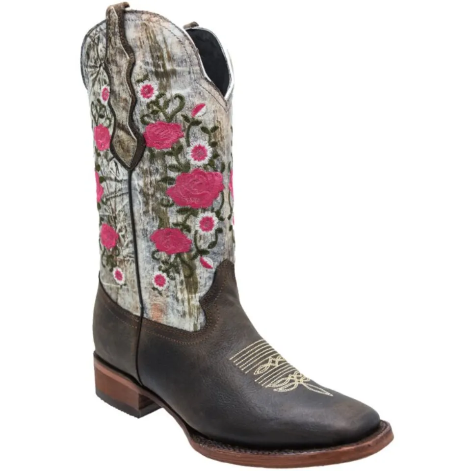 Bota Vaquera Rodeo De Mujer Color Café Con Flores Rojas WD 11-491