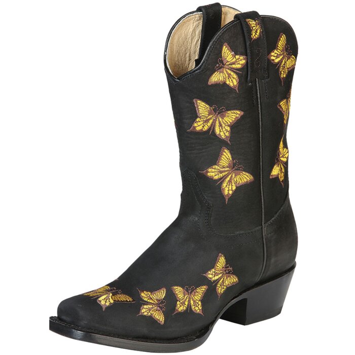 Bota Corta Rodeo Para Mujer Nobuck Color Negro Mariposas Doradas Bordadas 51220