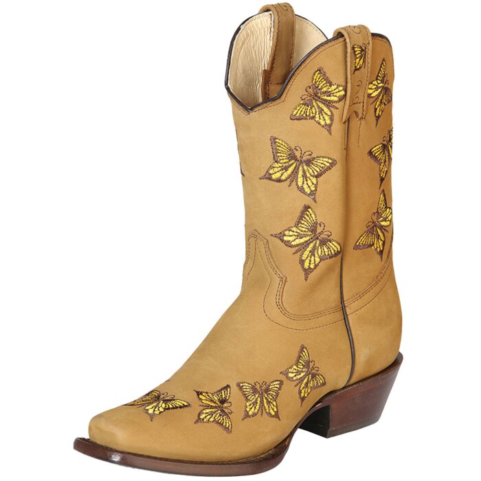 Bota Corta Rodeo Para Mujer Nobuck Color Miel Mariposas Bordadas 51237