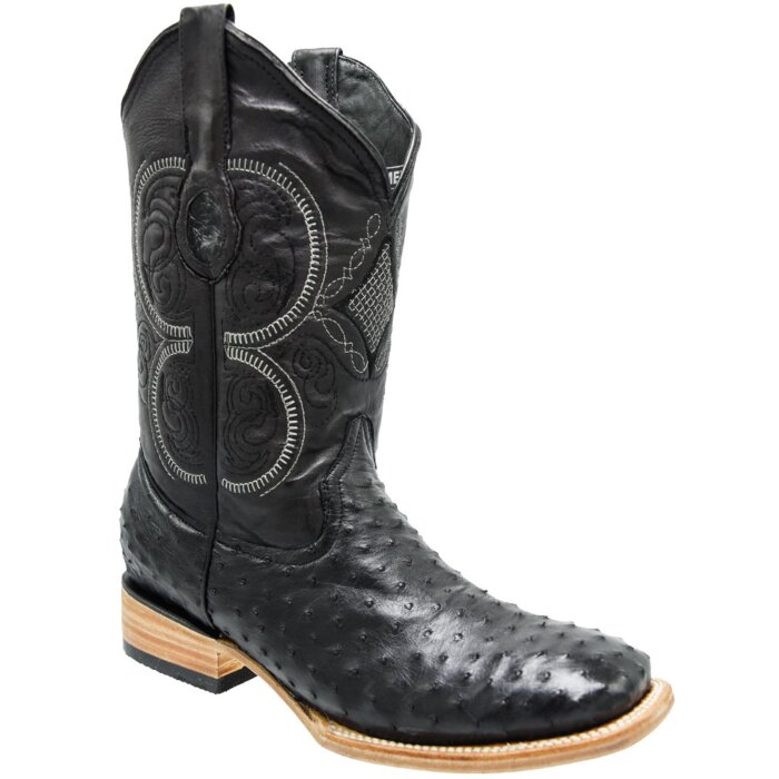 Men's black ostrich leather boots with square toe and American rodeo style.