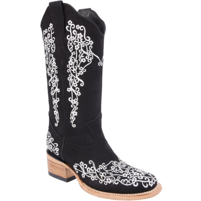 Botas Vaqueras De Mujer Bordada Color Negro Con Blanco WD 11-481