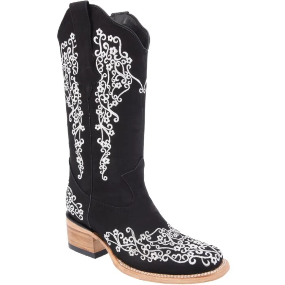 Botas Vaqueras De Mujer Bordada Color Negro Con Blanco WD 11-481