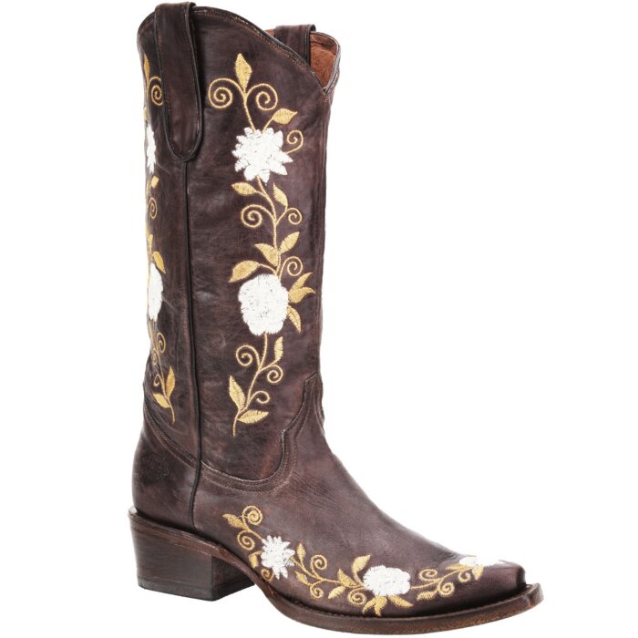 Botas Vaqueras De Dama WD 11-471 Color Café Con Flores Bordadas