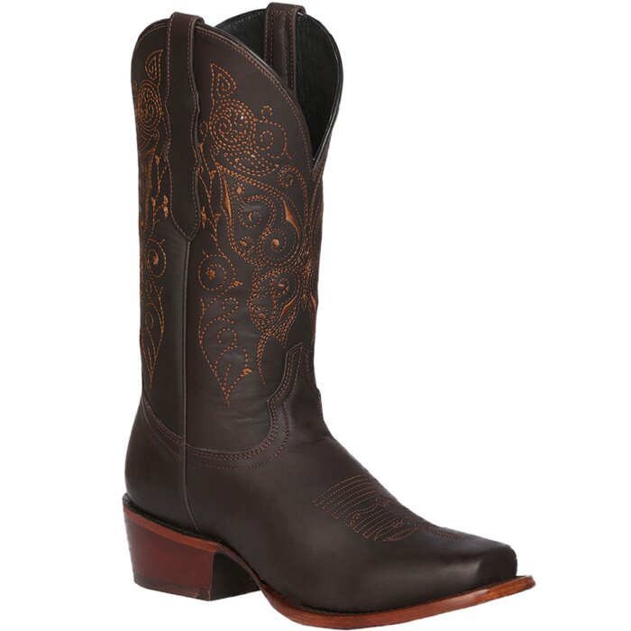 Bota Rodeo Para Dama color Chocolate con costuras decorativas en hilo brilloso