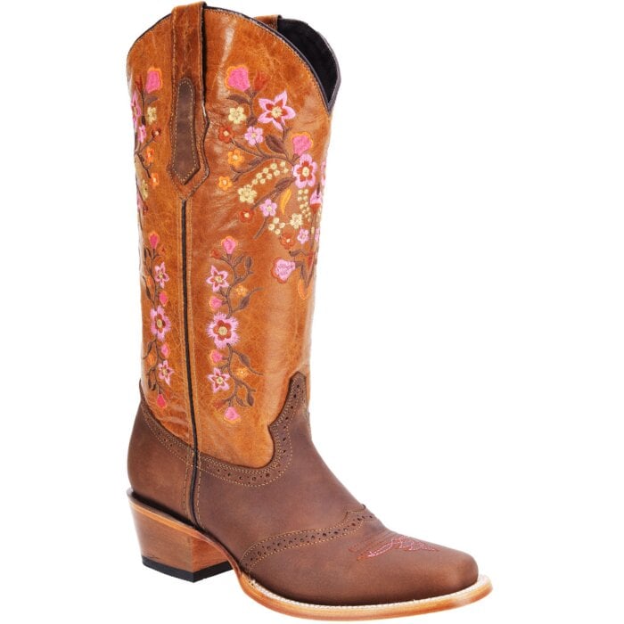 Botas Vaqueras De Mujer Color Miel Con Bordado De Flores Color Rosa WD 11-480