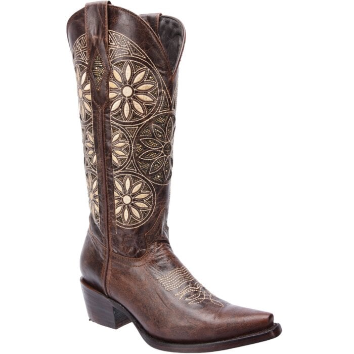 Botas Vaqueras De Mujer Horma Snip Toe Color Café Flores Oro WD 11-472