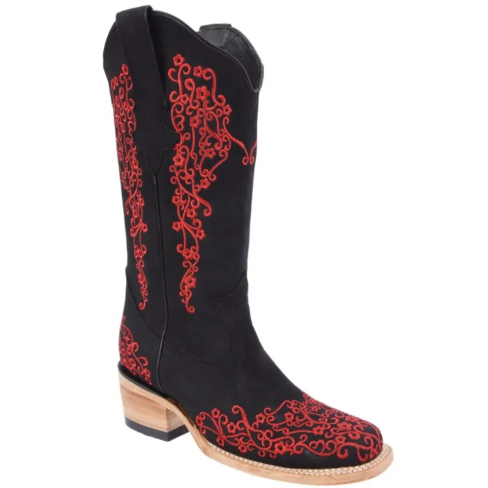 Botas Vaqueras De Mujer Bordada Color Negro-Rojo WD 11-483