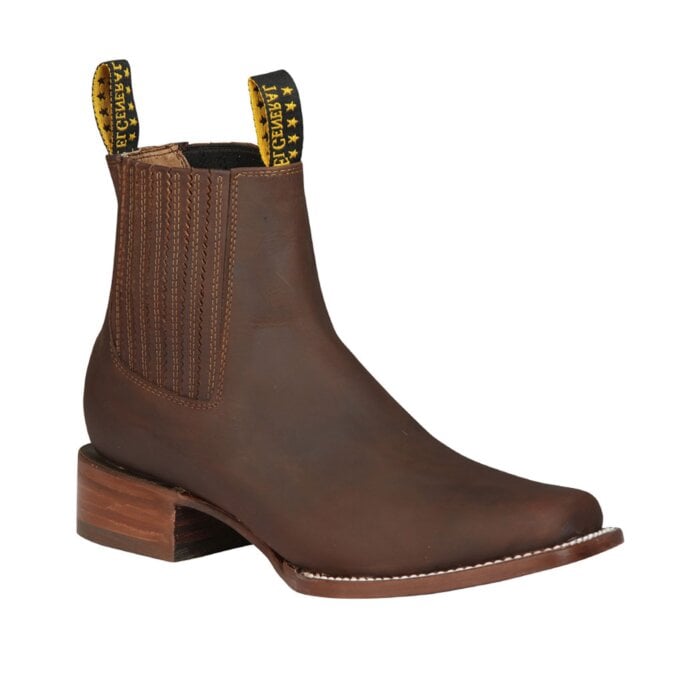 Botín vaquero para hombre en cuero café con suela de cuero y tirantes, modelo El General 45004.
