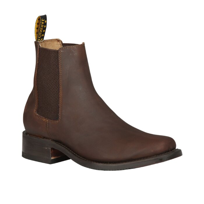 Men's brown leather short boots with elastic panels, single pull strap, and leather outsole, model El General 45005.