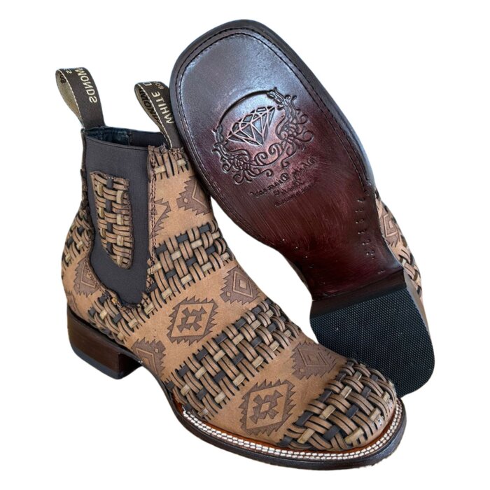 Men's rodeo short boots in topo crazy leather with Aztec laser design, woven details, and a leather outsole, handcrafted in Mexico by White Diamonds.