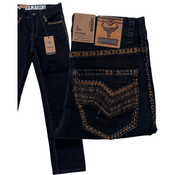 Jeans bootcut negro para niño con detalles bordados Western y costuras contrastantes – Lamasini 1871