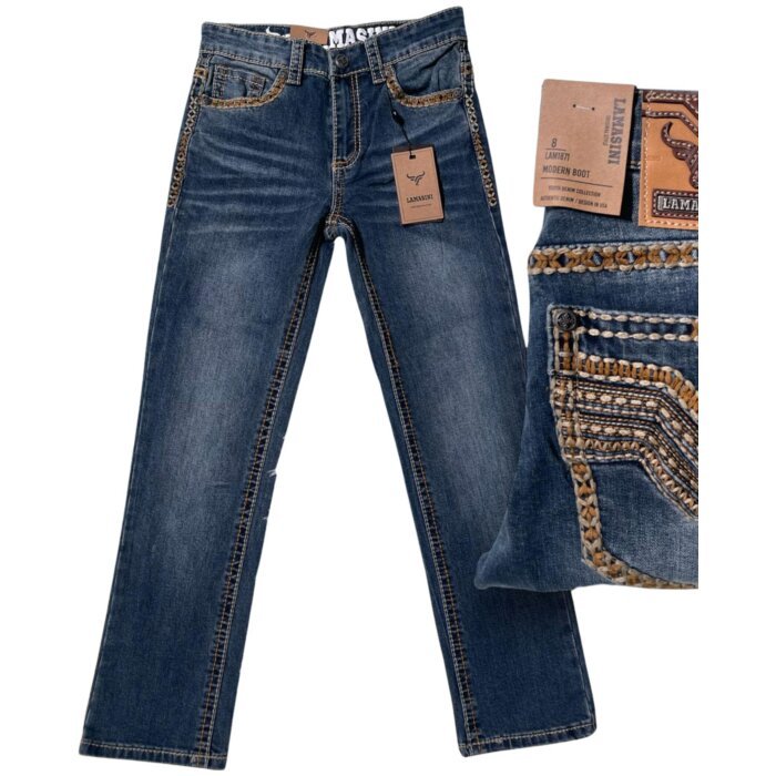 Jeans bootcut azul oscuro para niño con detalles bordados Western en los bolsillos traseros – Lamasini 1871