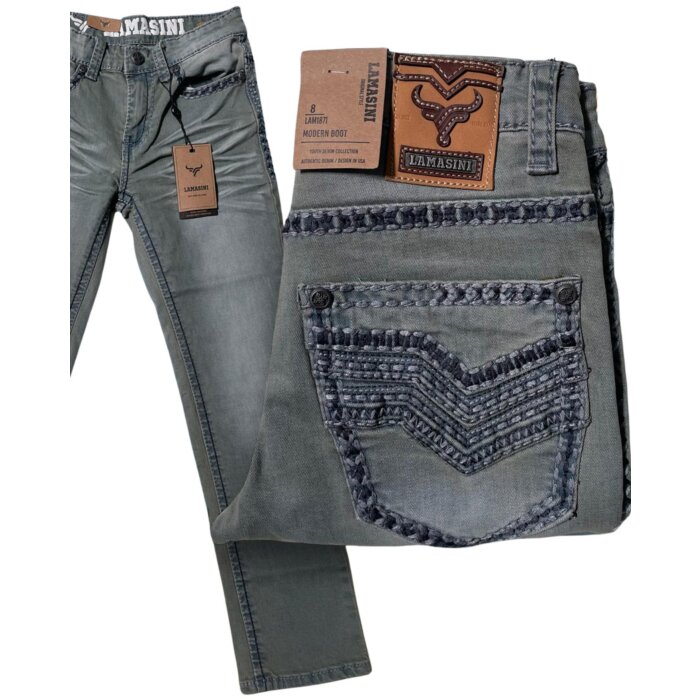Jeans bootcut gris para niño con detalles bordados Western y costuras contrastantes – Lamasini 1871