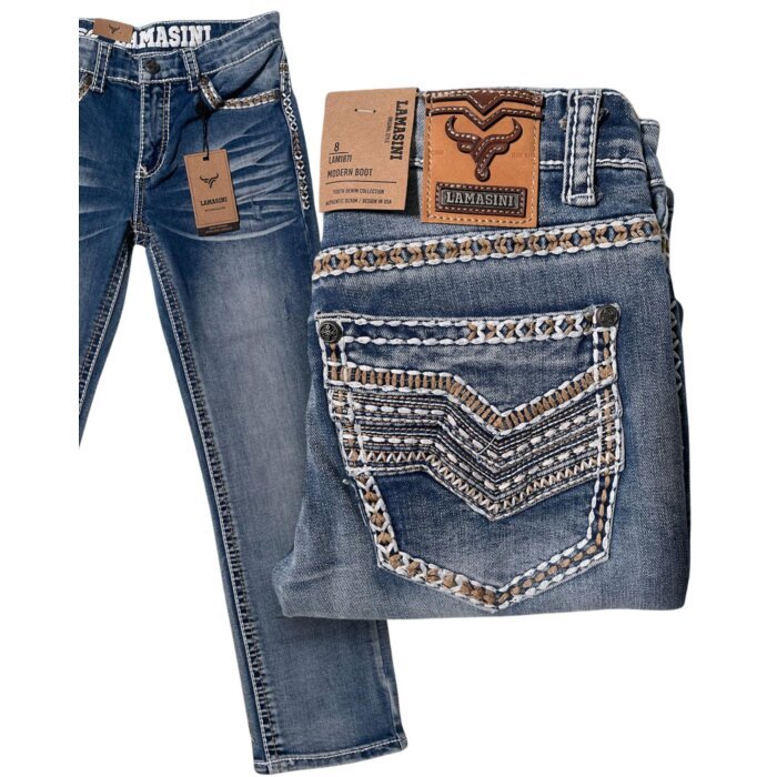 Jeans bootcut azul claro para niño con detalles bordados Western y costuras contrastantes – Lamasini 1871