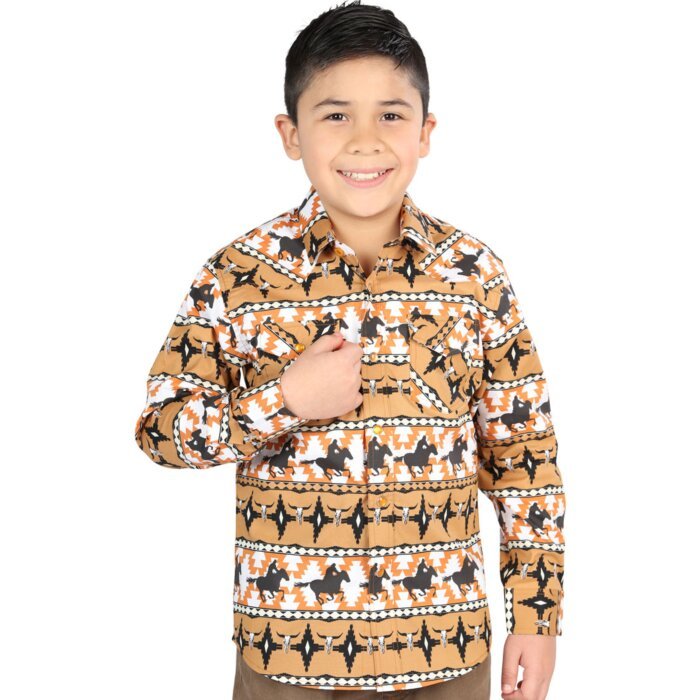 Camisa Vaquera para Niño Taupe con Estampado de Cowboy – El General 44493