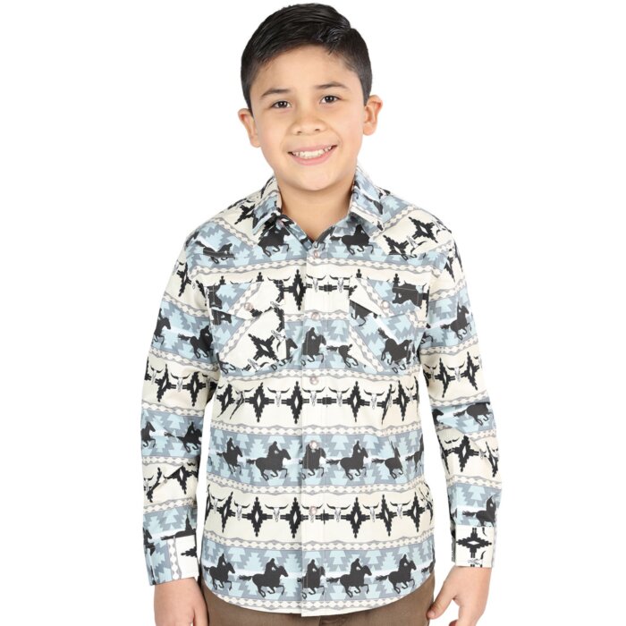 Camisa Vaquera para Niño Azul con Estampado Western de Cowboys y Caballos – El General 44494