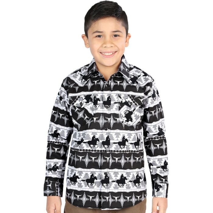 Camisa Vaquera para Niño con Estampado Cowboy en Blanco y Negro, Manga Larga – El General 44495