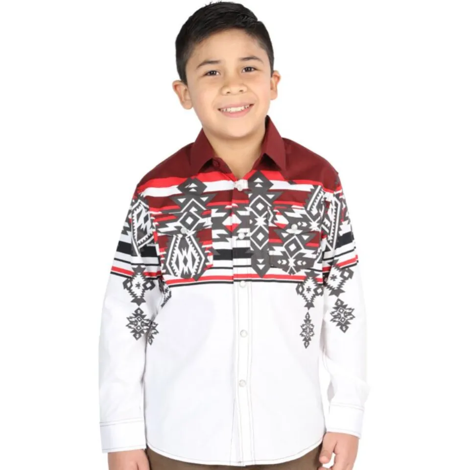 Boy wearing a burgundy and white tribal Western shirt with bold patterns and snap-button closure, matching men’s version available.