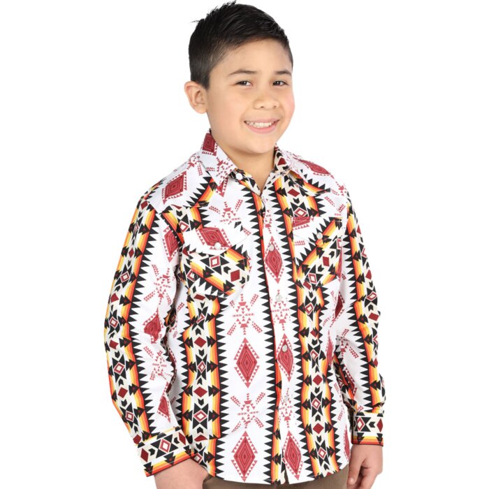 Camisa Vaquera para Niño Blanca con Estampado Geométrico en Rojo y Amarillo – El General 44508