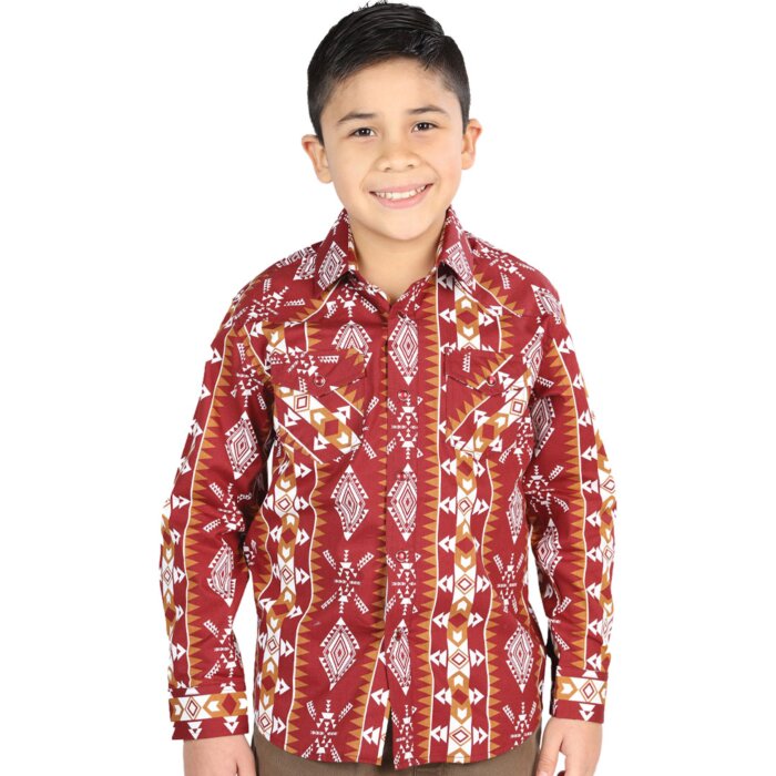 Camisa Vaquera para Niño en Color Vino con Estampado Geométrico en Blanco y Mostaza – El General 44509