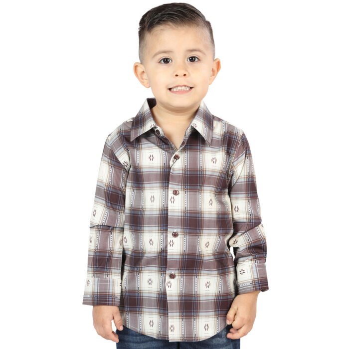 Camisa Vaquera para Niño Beige a Cuadros Vino, Versión de Manga Larga – El General 44747