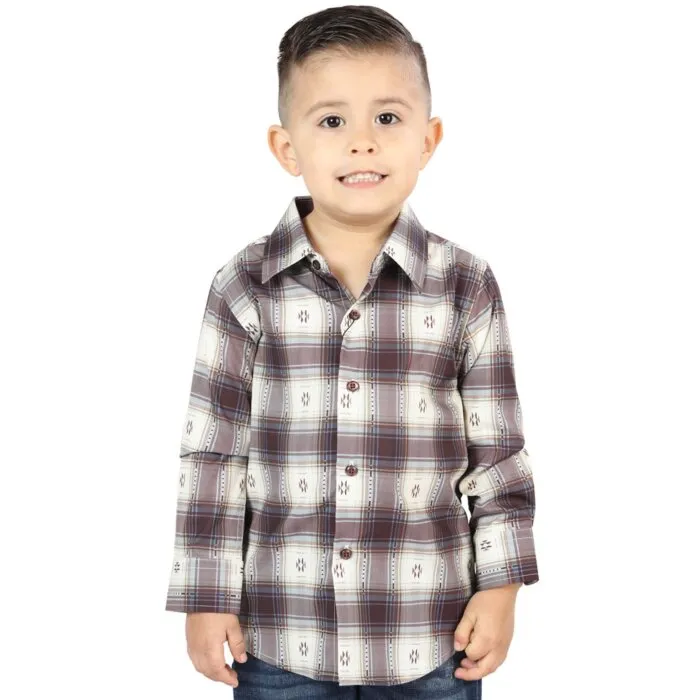Camisa Vaquera para Niño Beige a Cuadros Vino, Versión de Manga Larga – El General 44747