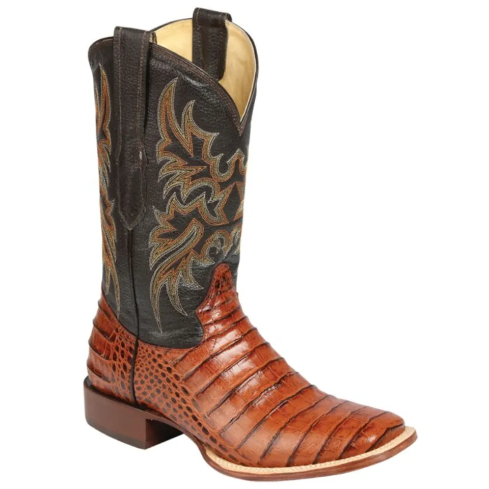 Cognac Caiman Belly Print Cowboy Boots for Men with Bulldog Toe