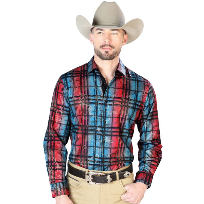 Camisa El Señor De Los Cielos A Cuadros 43851 Color Azul Con Rojo