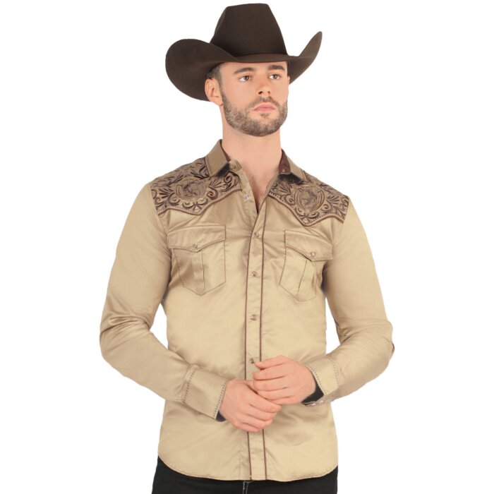 Camisa Vaquera Bordado Cabeza De Caballo Beige VA3540