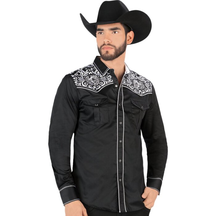 Camisa Vaquera Bordado Cabeza De Caballo Negro-Blanco VA3540