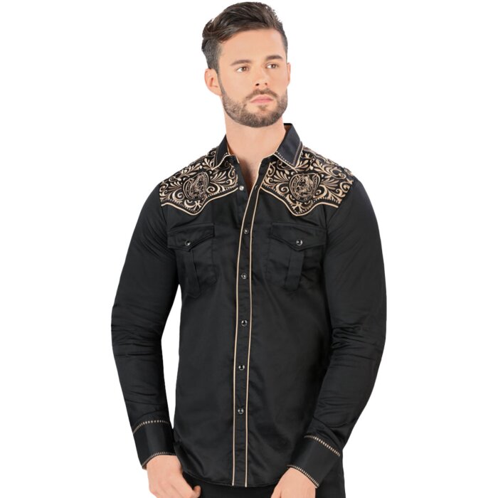 Camisa Vaquera Bordado Cabeza De Caballo Negro-Beige VA3540
