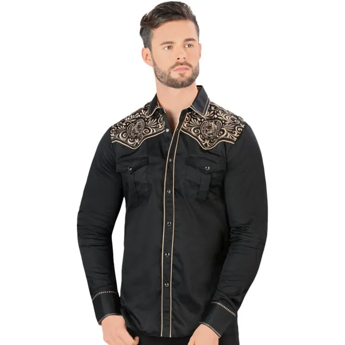 Camisa Vaquera Bordado Cabeza De Caballo Negro-Beige VA3540
