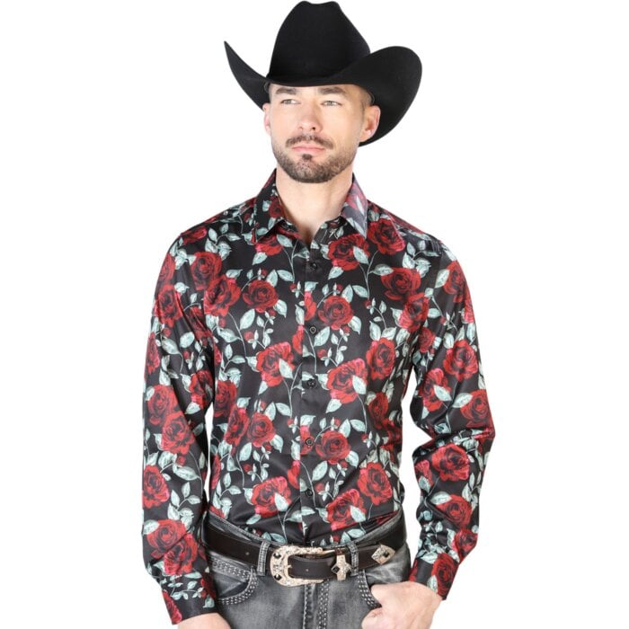 Camisa Casual ESDLC 43667 Negra Estampado Rosas Rojas