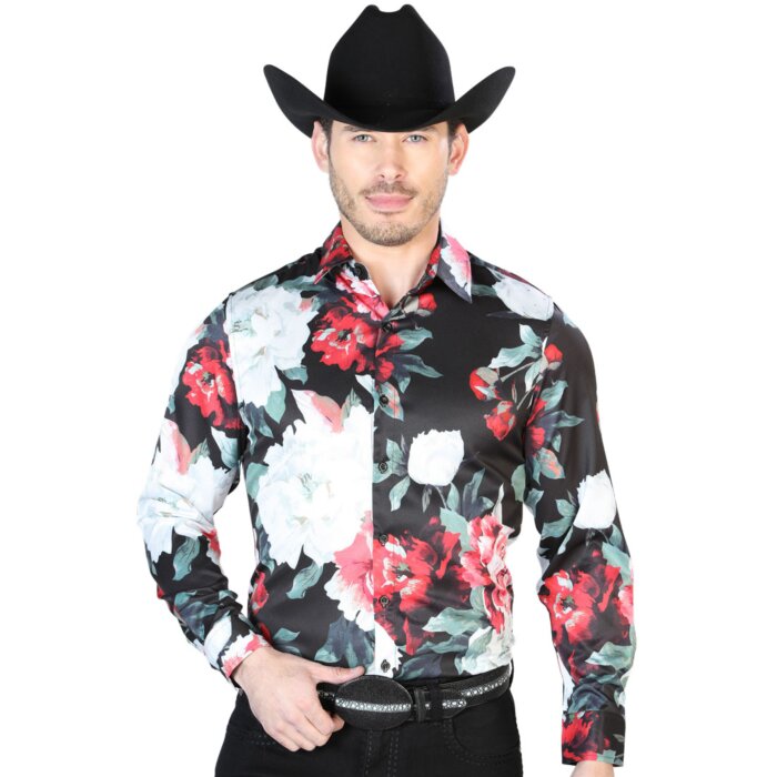 Camisa Casual ESDLC 43670 Negra Flores Rojas Y Blancas