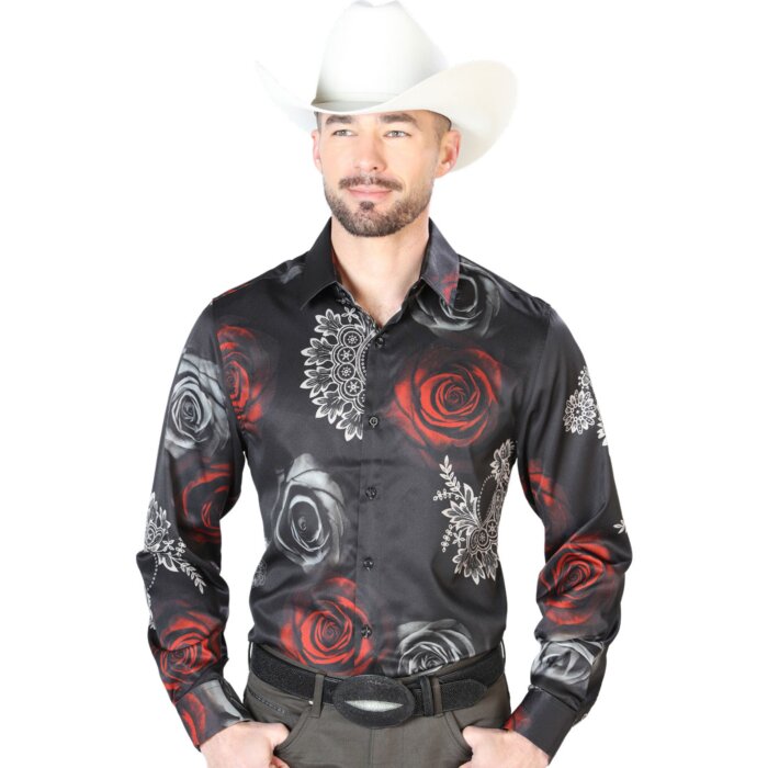 Camisa Casual ESDLC 43672 Negra Con Flores Rojas