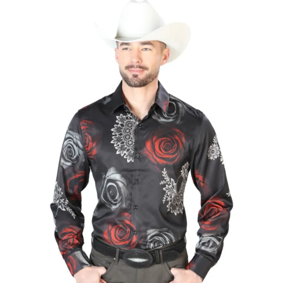 Camisa Casual ESDLC 43672 Negra Con Flores Rojas