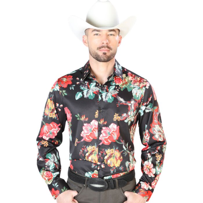 Camisa Casual Negra Estampada ESDLC 43675 Flores Multicolor