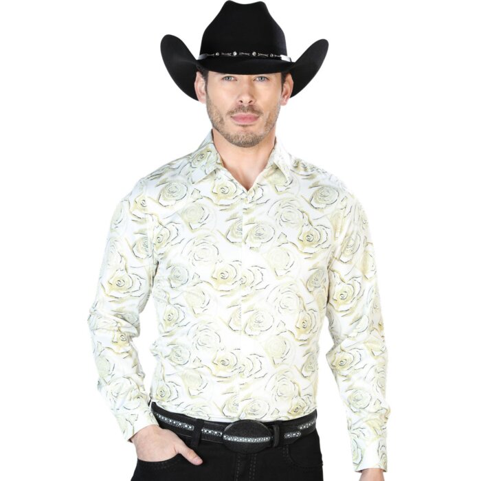 Camisa Casual ESDLC 43678 Color Marfil Flores Amarillas