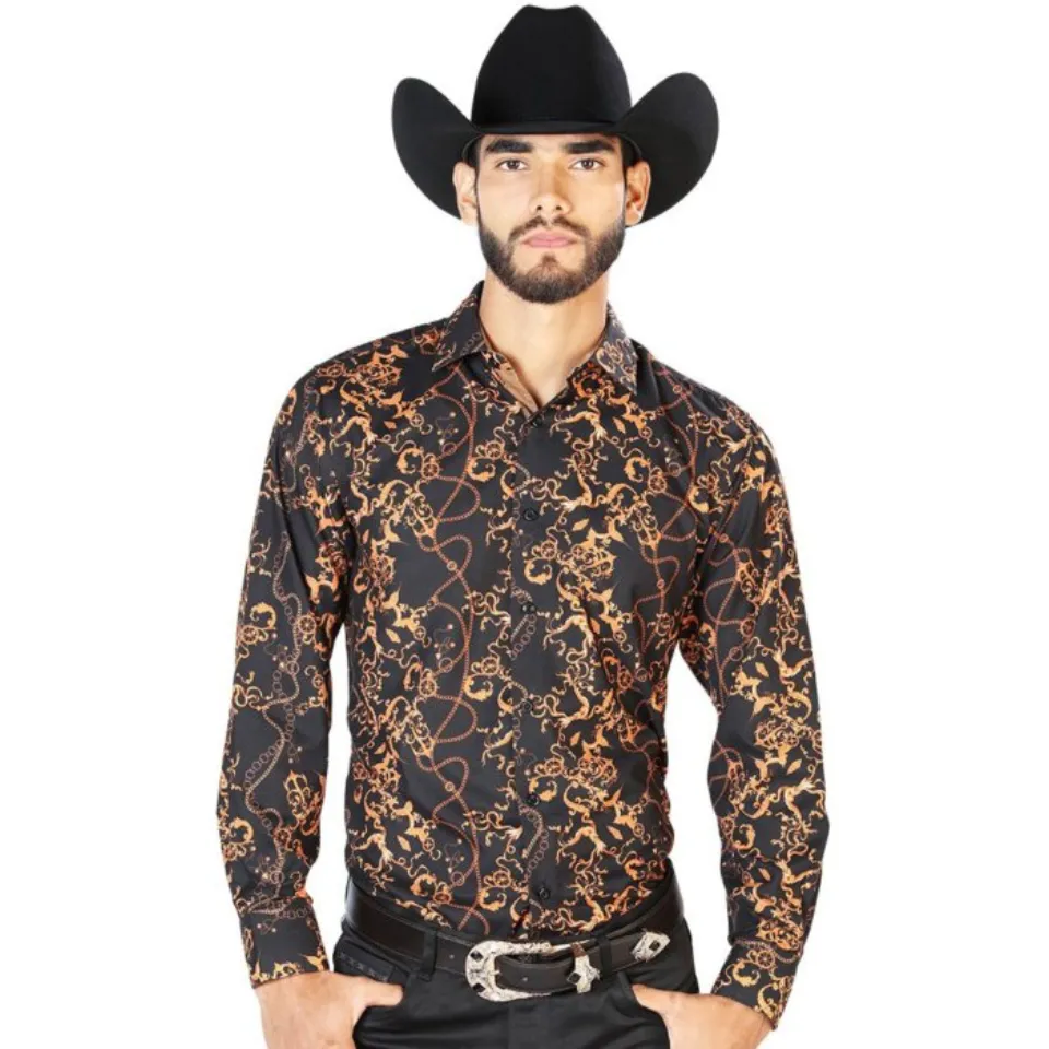 Camisa Negra Con Estampado Oro El Señor De Los Cielos 126268