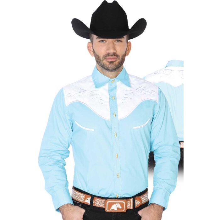 CAMISA CHARRA ANTE/BORDADA EL GENERAL 2019-128 COLOR AZUL CLARO