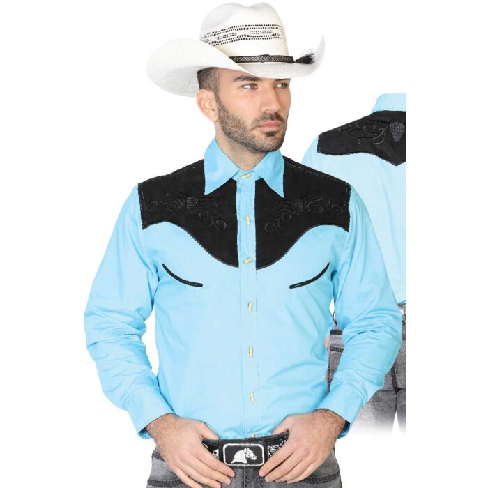 CAMISA CHARRA ANTE/BORDADA EL GENERAL 2019-128 COLOR AZUL