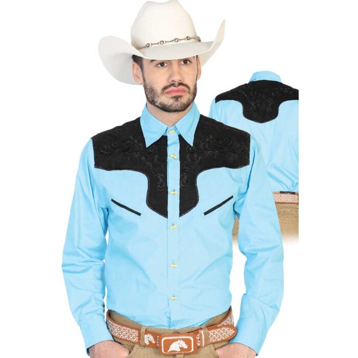 CAMISA CHARRA ANTE/BORDADA EL GENERAL 2019-129 COLOR AZUL