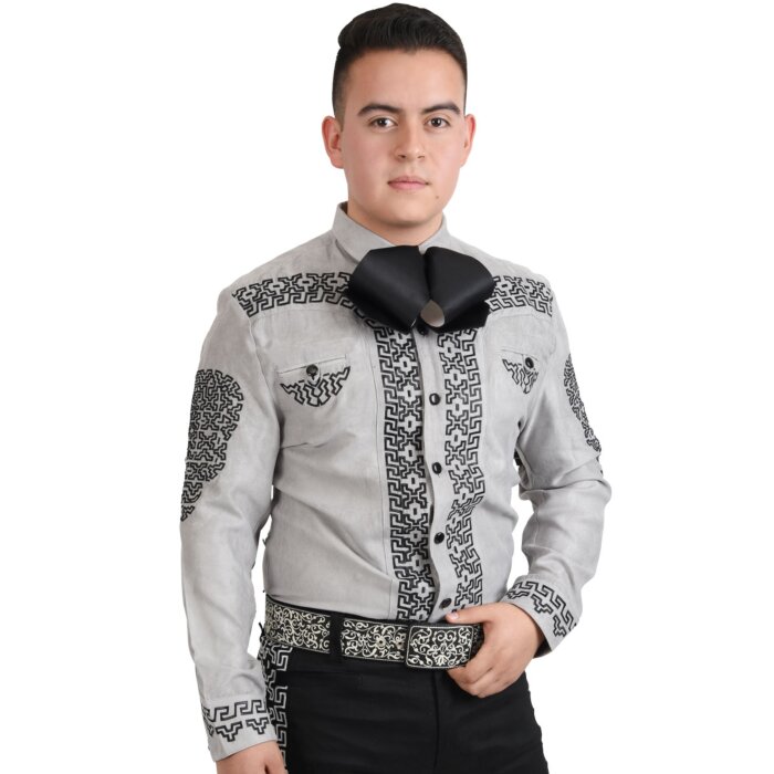 Camisa Charra Fina De Gamuza Color Gris Bordado Negro WD 11-804