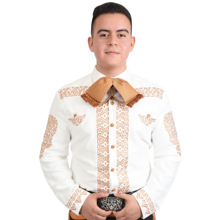 Camisa Charra Blanca Fina De Gamuza Bordado Color Miel WD 11-807