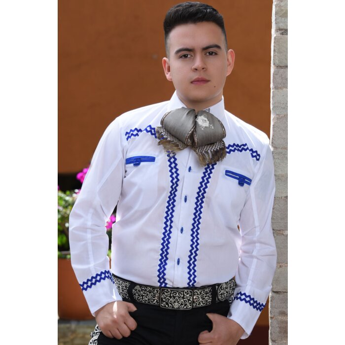 Camisa Charra Blanca Con Vivos Azules Económica WD 11-817