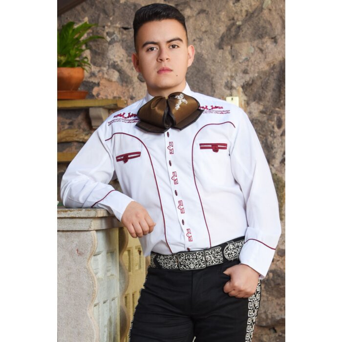 Camisa Charra Tradicional Blanco Con Vivos Color Vino WD 11-832