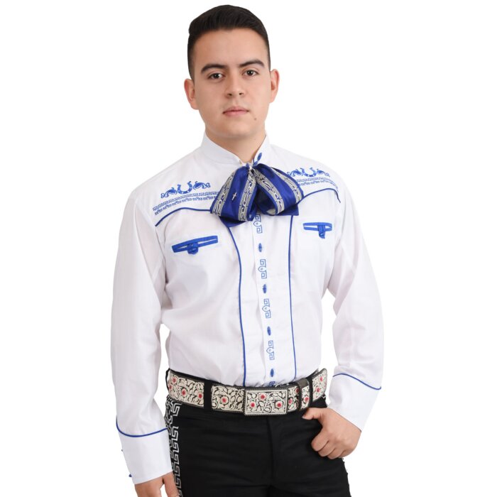 Camisa Charra Tradicional Color Blanco Con Azul WD 11-834