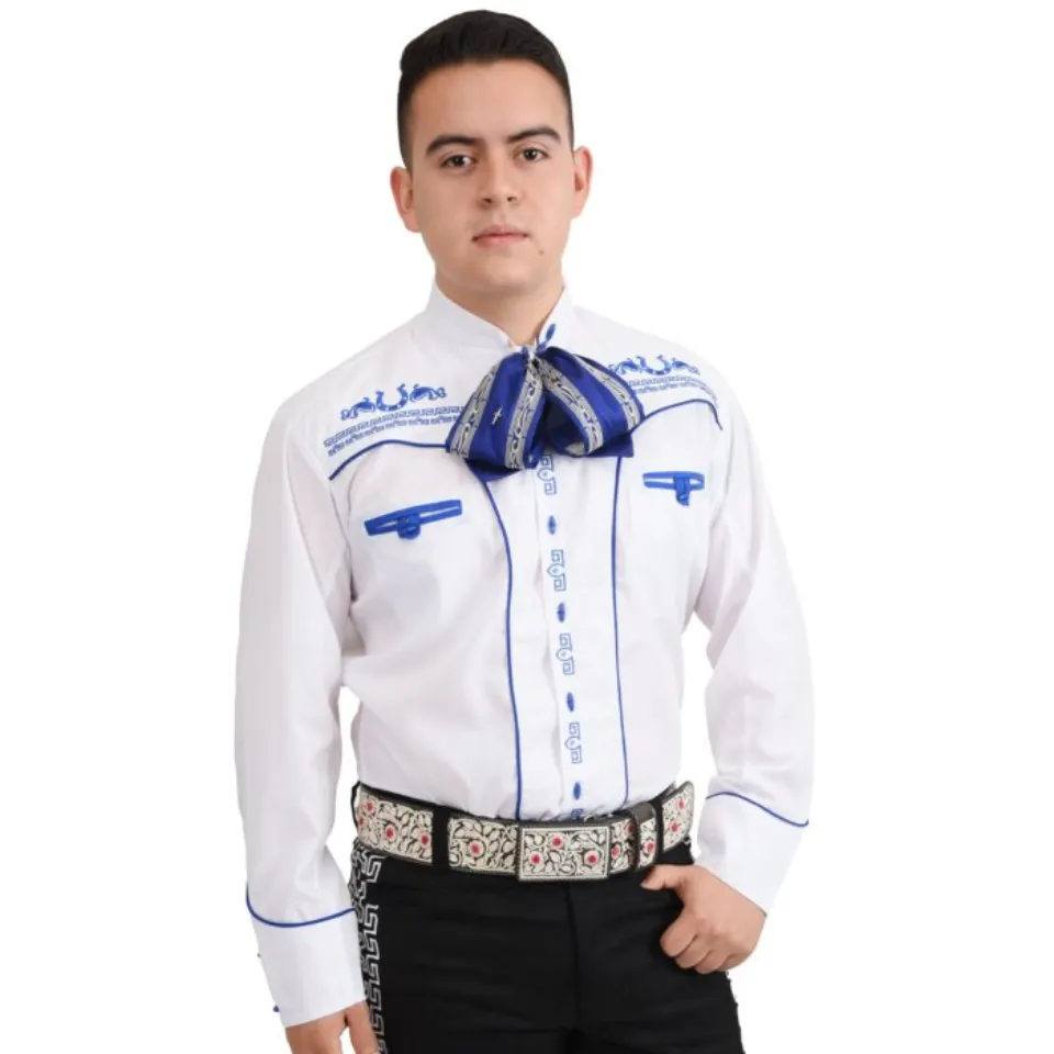 Camisa Charra Tradicional Color Blanco Con Azul WD 11-834