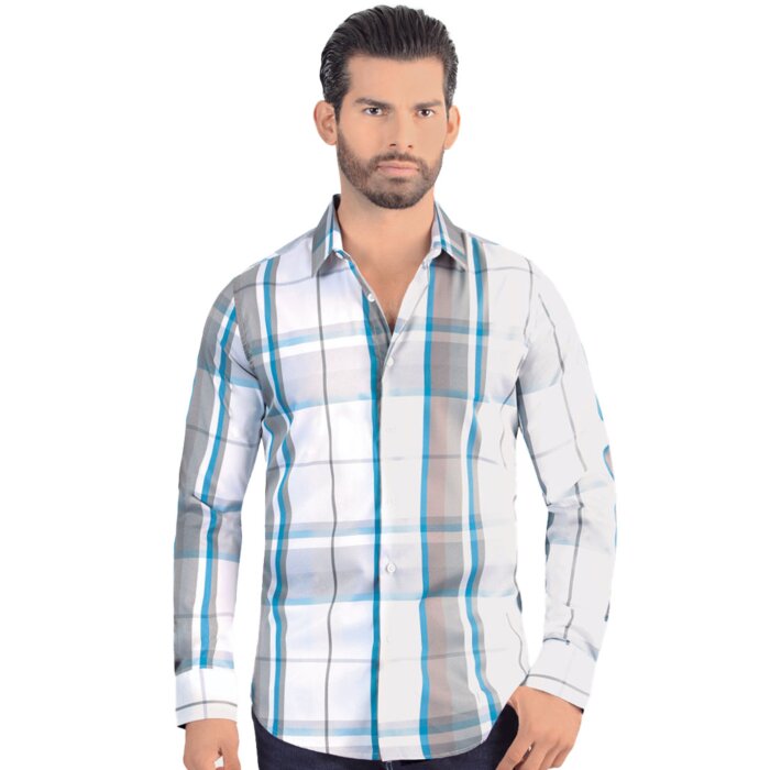 Front view of Men's Blue and Gray Plaid Long Sleeve Shirt - Modern Fit - Lamasini 3016.
