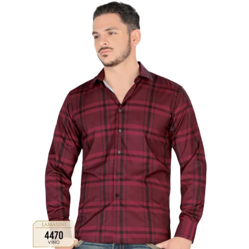 Camisa A Cuadros Manga Larga Color Vino Lam 4470
